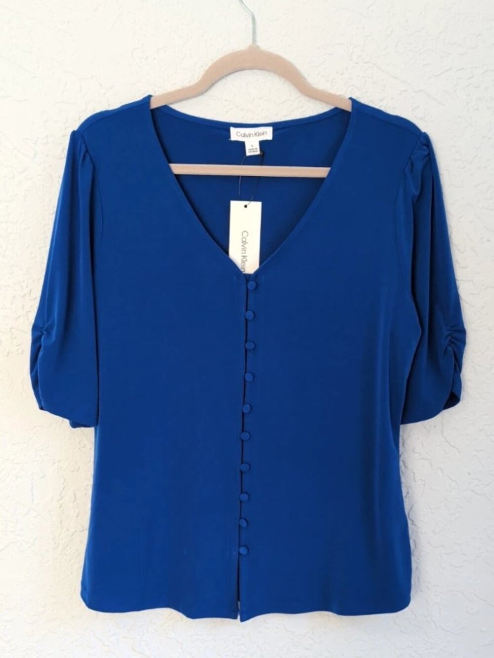 NWT Calvin Klein Women's Cobalt Blue Button-Front V-Neck Shirt | Size L